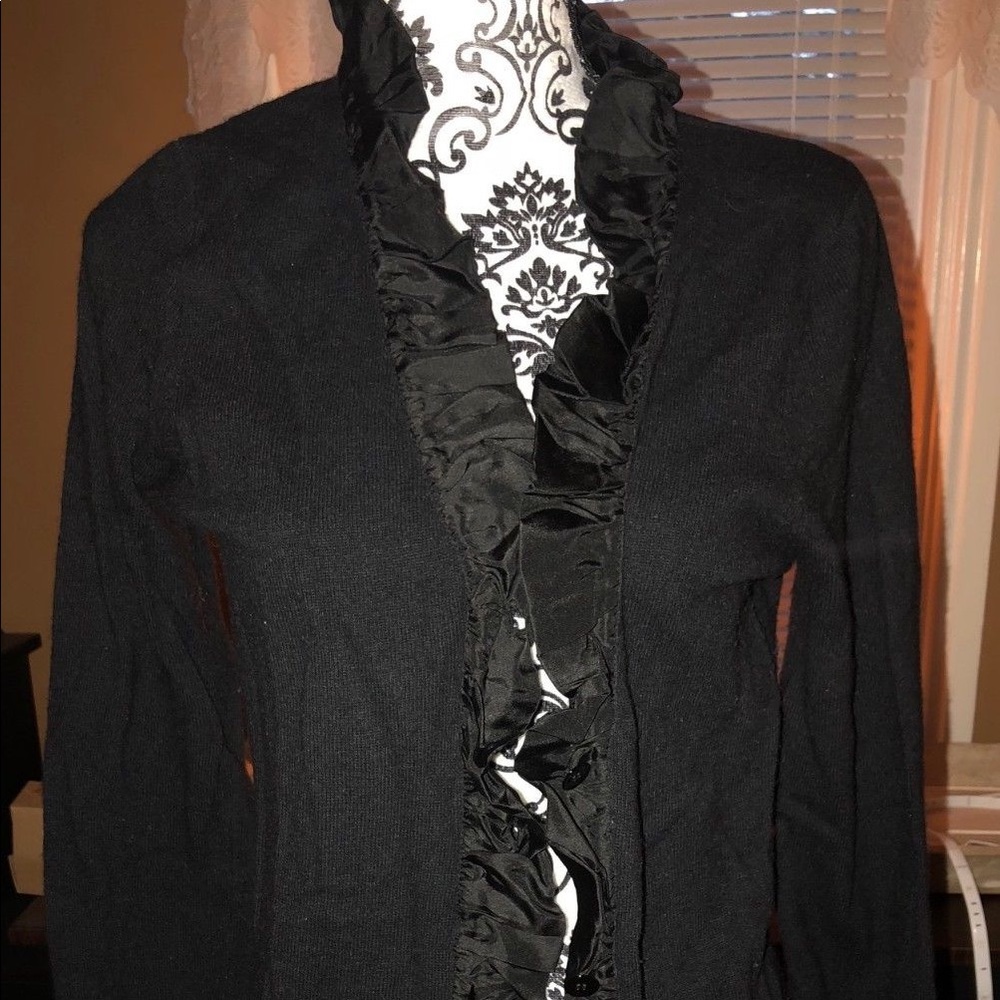 J.Crew Wool/Cashmere Black Cardigan w/ Silk Ruffle